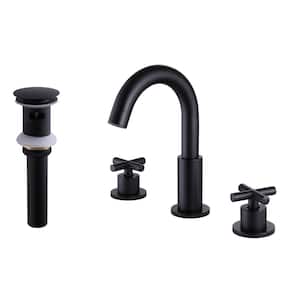 8 in. Widespread Double Handle Bathroom Faucet with Pop-Up Drain 3 Hole Brass Bathroom Basin Taps in Matte Black