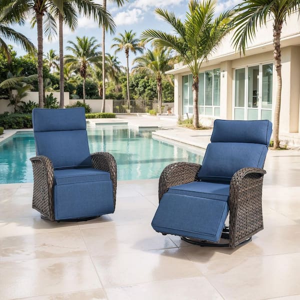Comfort Series Brown Wicker Outdoor Versatile Pneumatic Swivel Lounge Chair for Patio with CushionGuard Blue Cushions