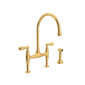 Georgian Era 2-Handle Bridge Kitchen Faucet with Sidespray in English Gold