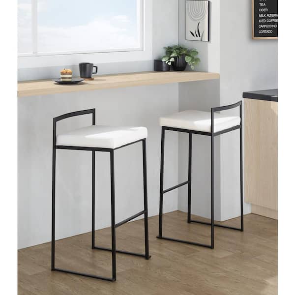 Fuji 30.75 in. White Velvet and Black Metal Fixed-Height Bar Stool (Set of 2)