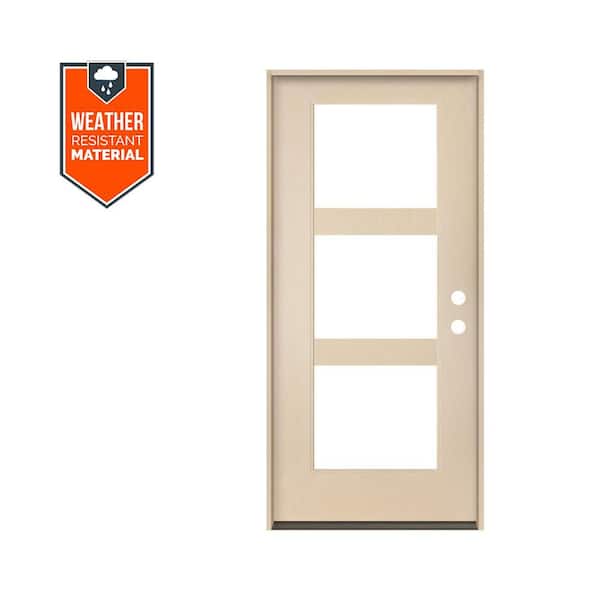 BRIGHTON Modern 36 in. x 79 in. 3-Lite Left-Hand/Inswing Clear Glass Unfinished Fiberglass Prehung Front Door