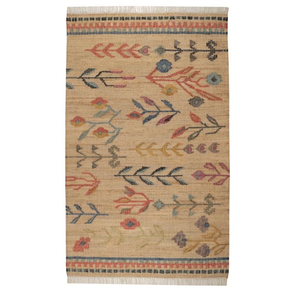 Folk Floral Kilim Handwoven Jute Natural 3 ft. x 8 ft. Indoor Runner Rug