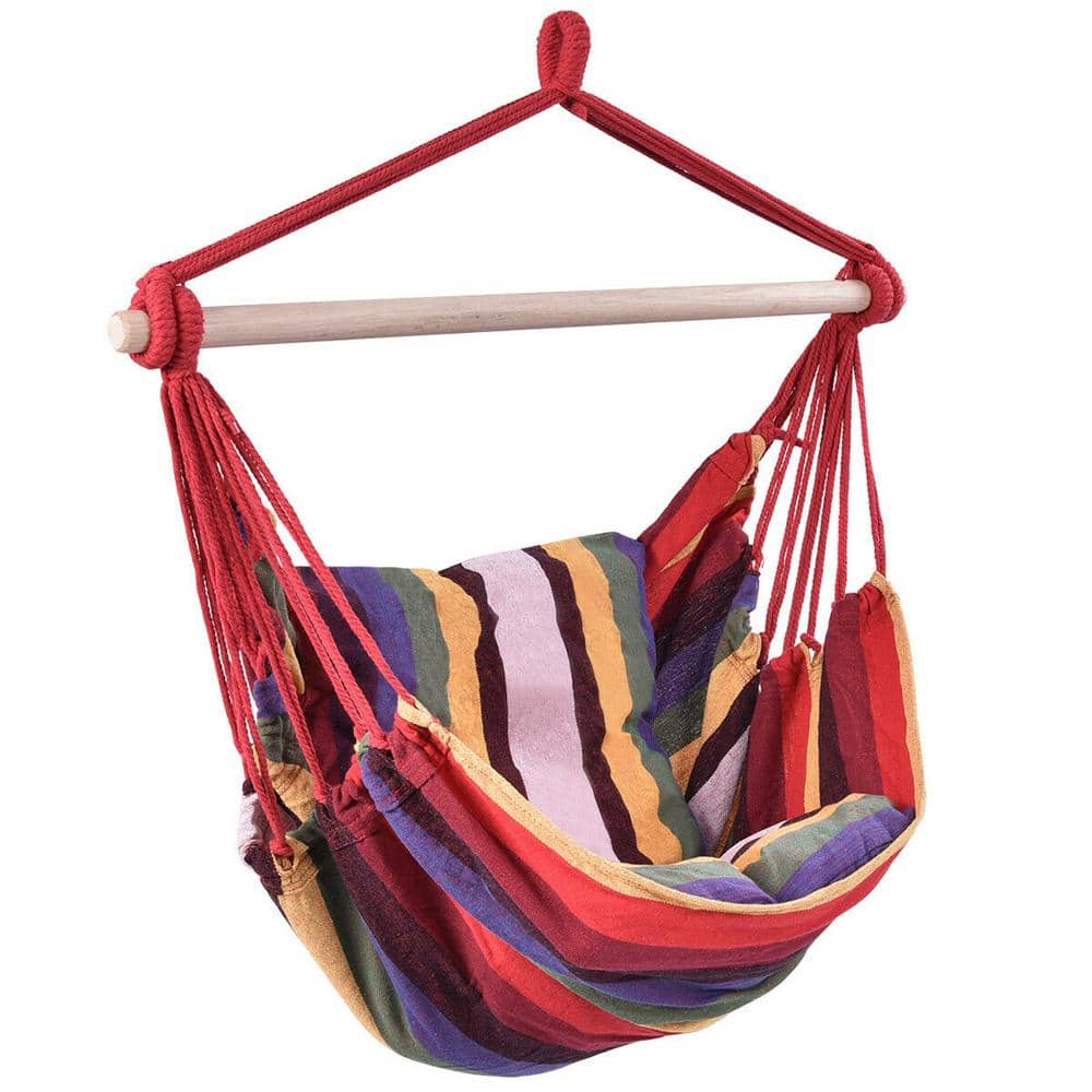 1-Person Red Wood Outdoor Yard Deluxe Rope Porch Swing