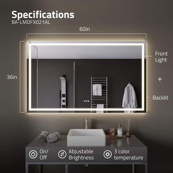 36 in. W x 60 in. H Rectangular Frameless LED Front/Back Light Wall Mounted Bathroom Vanity Mirror withDefogger