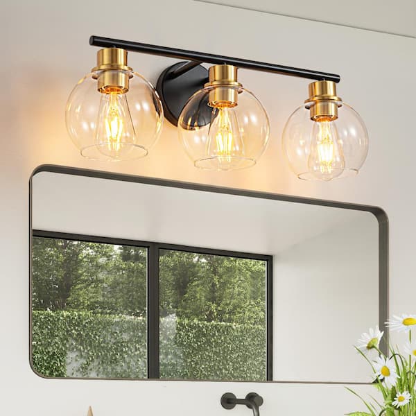 Deyidn Modern 9.45 in. 3-Light Black Bathroom Vanity Light Interior Powder Room Lighting with Clear Globe Shades