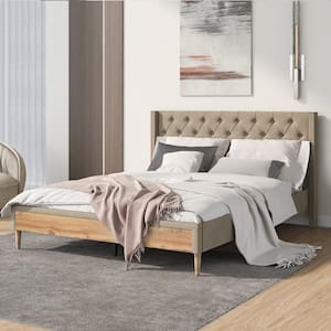 Beige Wood Frame Queen Size Upholstered Platform Bed with Rubber Wood Legs