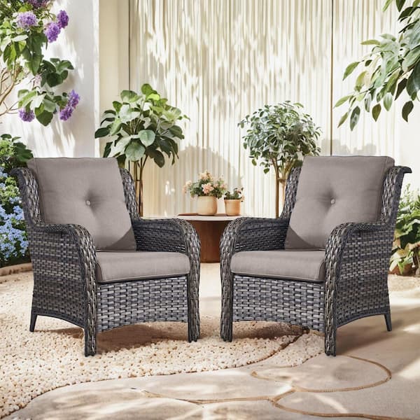 WellCane Gray Outdoor Wicker Patio Chairs Set of 2, Outdoor Lounge Chairs with Gray Cushions for Porch Balcony Backyard