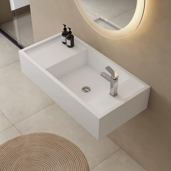 SJ STAR&JANE Vera 39 in. x 20 in. x 9 in. Solid Surface Wall-Mounted Bathroom Vessel Sink in White