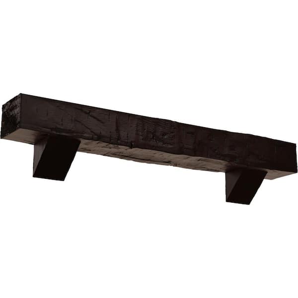 Ekena Millwork 8 in. x 8 in. x 3 ft. Hand Hewn Faux Wood Fireplace Mantel Kit with Breckinridge Corbels, Premium Mahogany