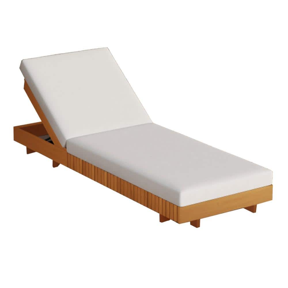 Brown 1-Piece Acacia Wood Outdoor Patio Chaise Lounge with White Cushions