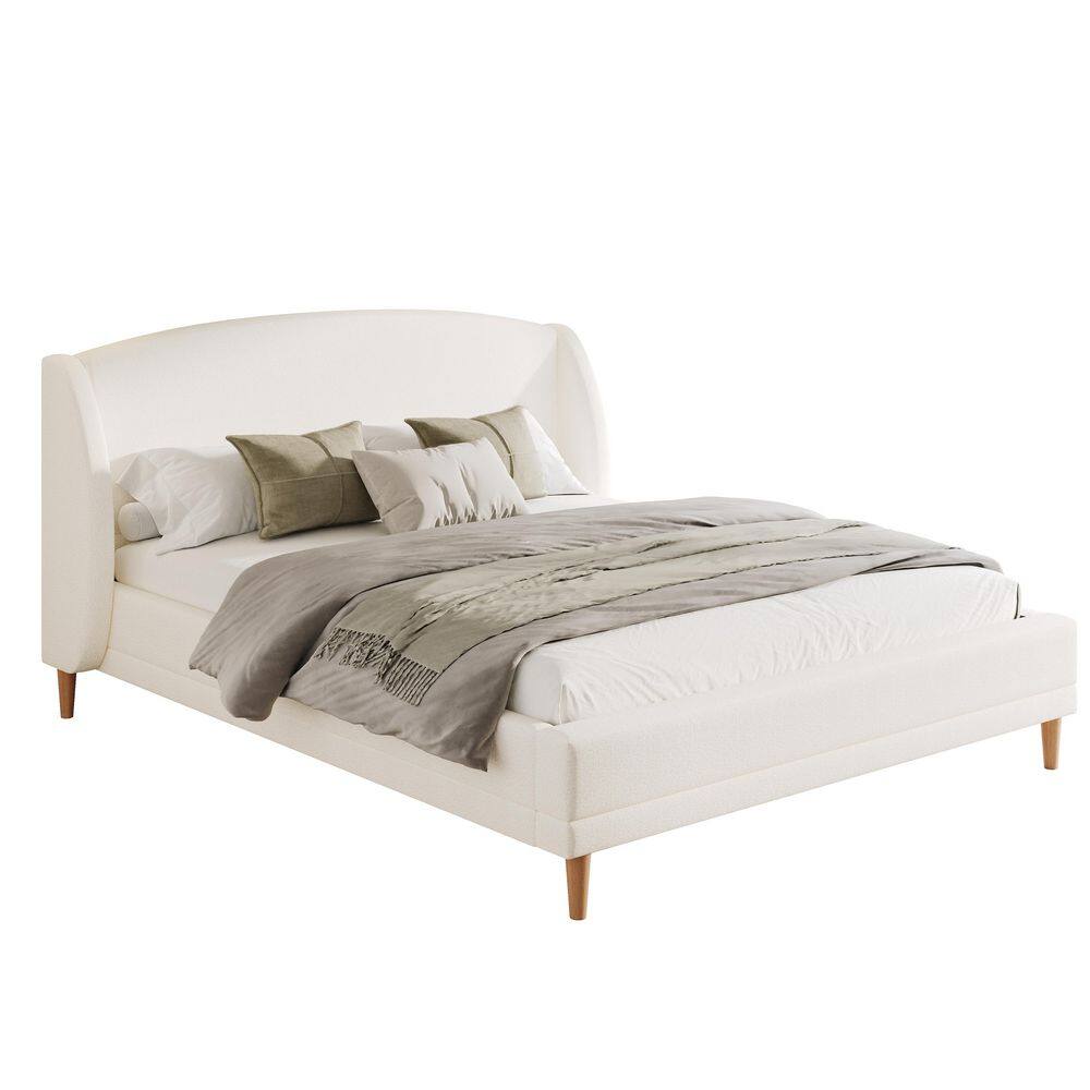 Arc White Boucle Fabric Upholstered Wood Frame King Size Platform Bed and Headboard Set - thumbnail 3