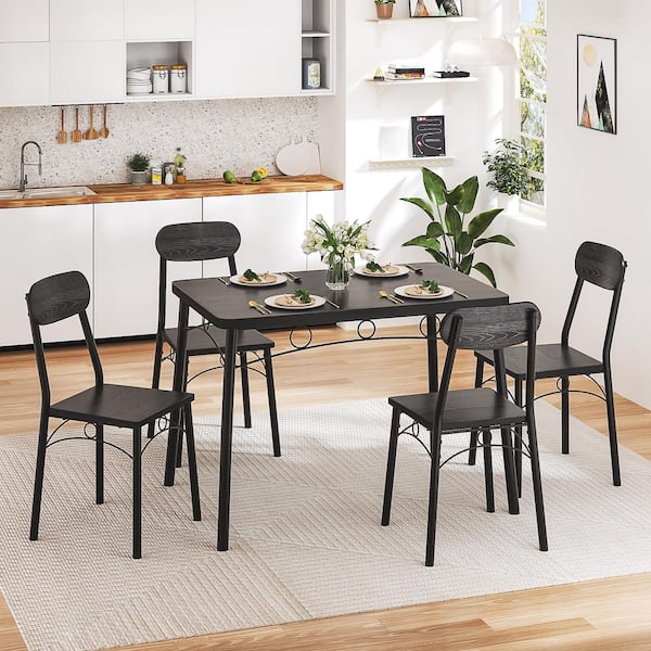 VECELO 5-Piece Dining Table Set, Black Rectangular Kitchen Table