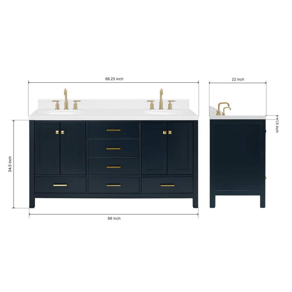Midnight Blue Wood Freestanding Double Vanity with White Quartz Top