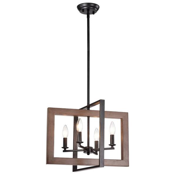 Jojospring Leticia 4Light Natural Wood and Antique Black Metal Open Cage Chandelier