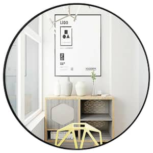 27.5 in. W x 27.5 in. H Small Large Round Metal Framed Wall-Mounted Bathroom Vanity Mirror in Black