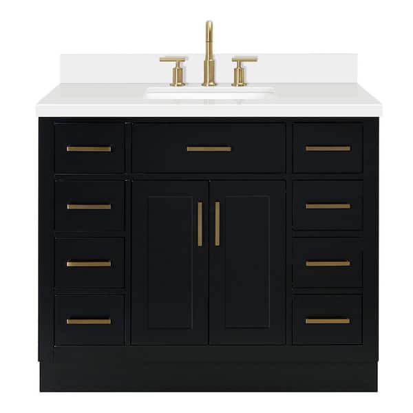Hepburn 42 in. Single Sink Freestanding Bathroom Vanity in Black with Pure White Quartz Top