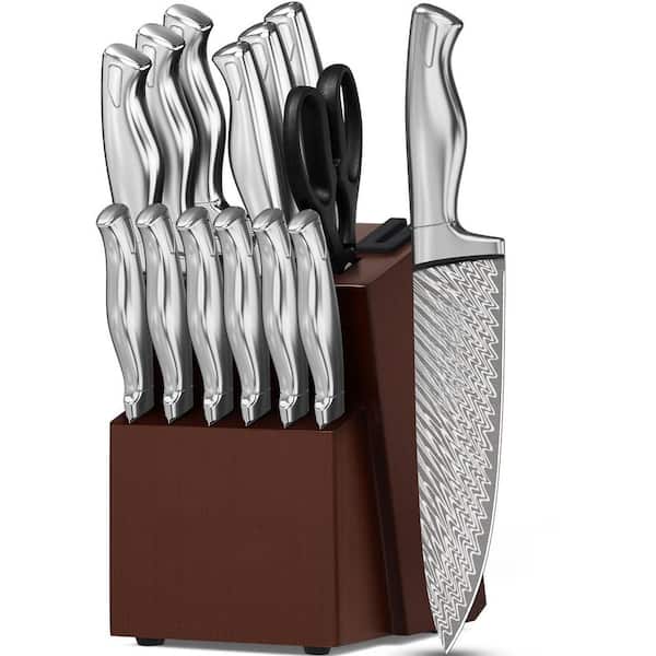 15-Piece High Carbon Stainless Steel Serrated Kitchen Knife Set with Block, Built-in Knife Sharpener, Dishwasher Safe