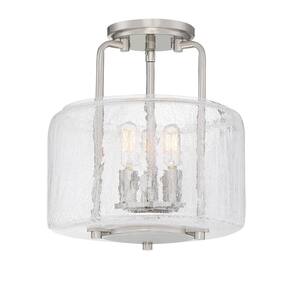 Avalon 11.38 in. W x 12.25 in. H 3-Light Satin Nickel Semi-Flush Mount with Clear Crackled Glass Drum Shade