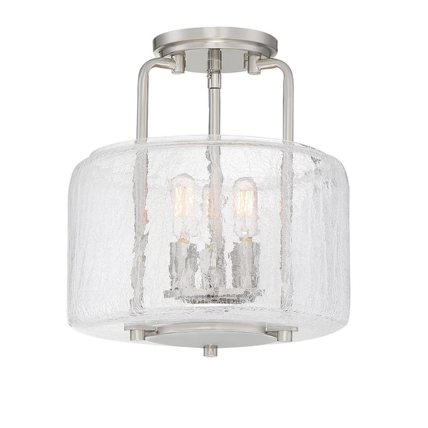 Savoy House Avalon 11.38 in. W x 12.25 in. H 3-Light Satin Nickel Semi-Flush Mount with Clear Crackled Glass Drum Shade
