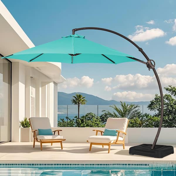 JEAREY 10 ft. Aluminum Cantilever Offset Hanging Patio Umbrella with Sandbag Base and Cover in Peacock Blue