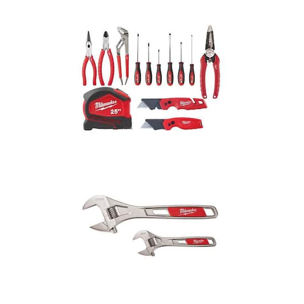 Pliers Kit with Screwdriver Set (13-Piece), 25 ft. Tape Measure, Utility Knives, 6 in. and 10 in. Adjustable Wrench Set