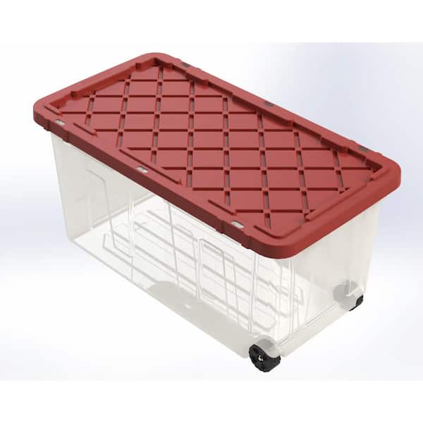 70-Gal Clear Tough Tote w/Wheels in Red Lid