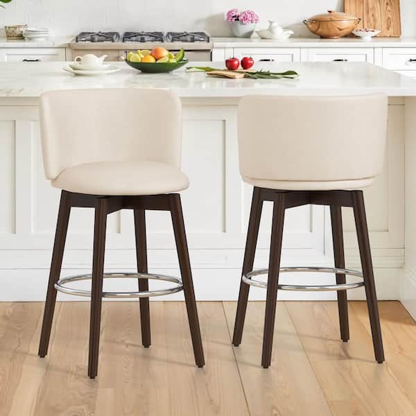 34.5 in. PTLK Beige Fabric 360° Swivel Solid Wood Frame High Back Bar Stool Metal Footrest Counter Height Stool Set of 2