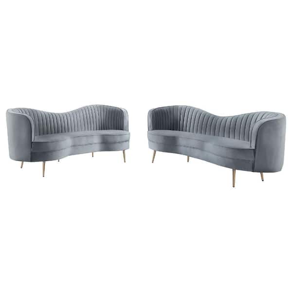 Benjara Enzo 2-Piece Gray Channel Tufted Velvet Living Room Set