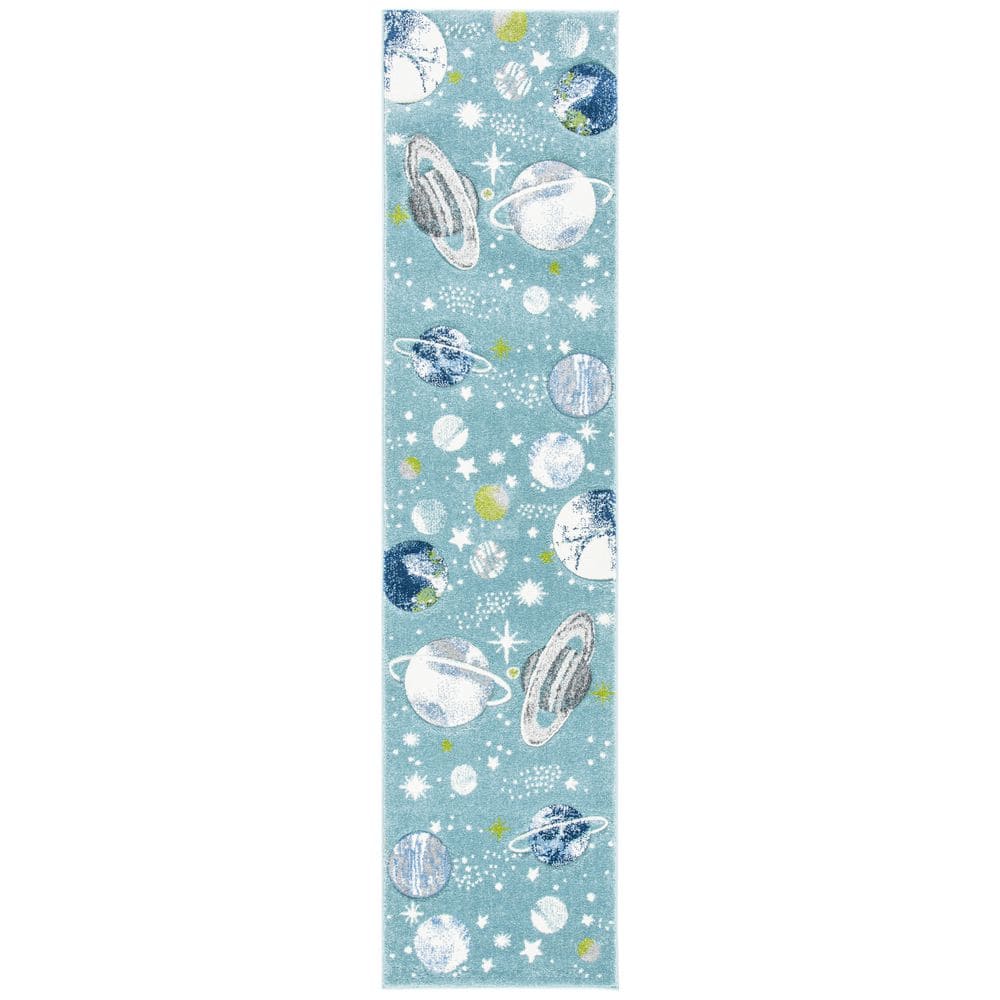 Teal and Ivory Space-Themed Kids Runner Rug