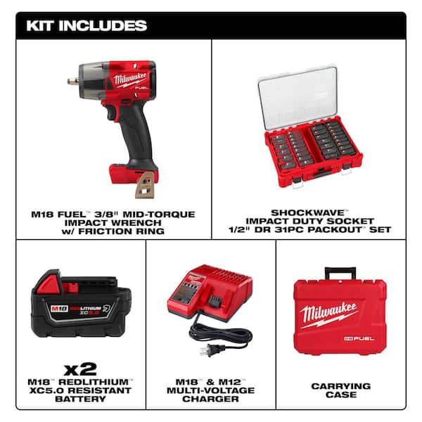 M18 FUEL 18V Lith-Ion Brushless Cordless 3/8 in. Mid-Torque Impact Wrench Batteries & Impact Socket Set