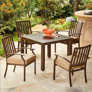 Bridgeport 5-Piece Metal Stationary Outdoor Dining Set with Tan Cushions
