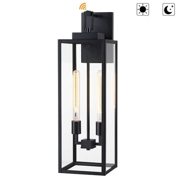 Bonanza 27 in. H 2-Light Matte Black Hardwired Outdoor Wall Lantern Sconce with Dusk to Dawn