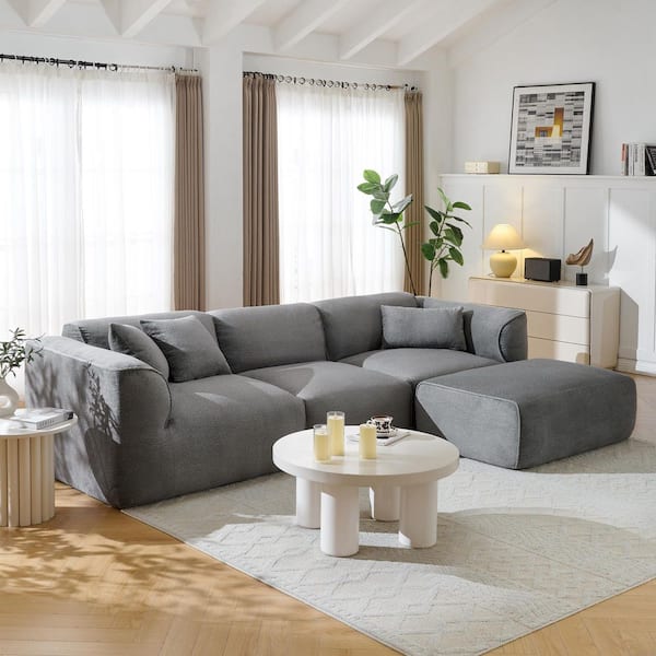 Modern 112.1 in. Round Arm 4-piece Velvet L-Shaped Sectional Sofa in. Gray with Ottoman and 3 Pillows