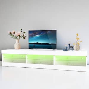 Modern White Particle Board TV Stand with LED Lights Storage and Glass Shelves (70.87 in. W x 15.75 in. D x 14.85 in. H)