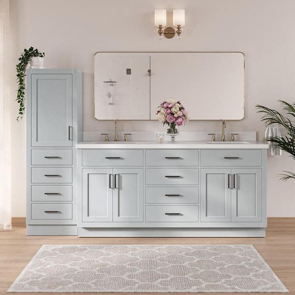 Hepburn 73 in. Double Sink Bath Vanity with Pure White Quartz Top and Linen Cabinet in Oak
