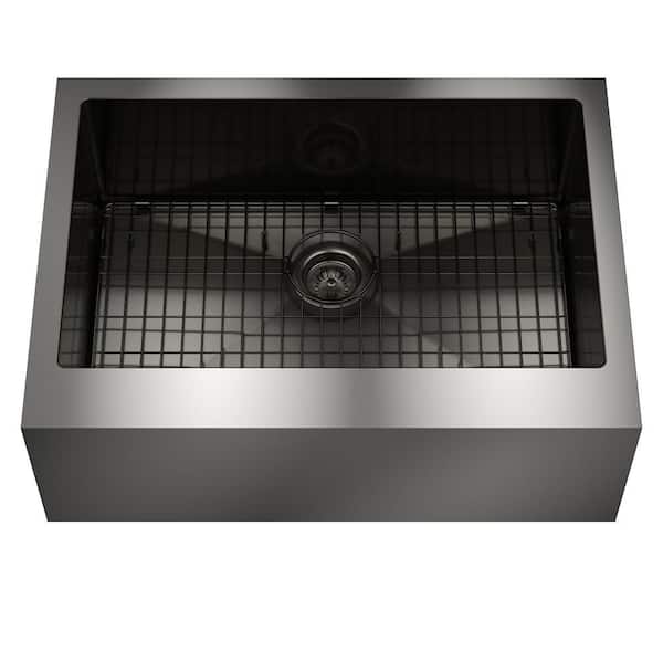 30 in. Farmhouse Apron Front Single Bowl Gunmetal Black Stainless Steel Kitchen Sink with Drain Assembly