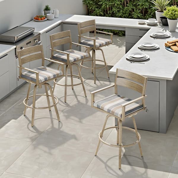 Swivel Aluminum Wood Grain Frame Outdoor Bar Stool with Milano Char Striped Sunbrella Cushions (4-Pack)
