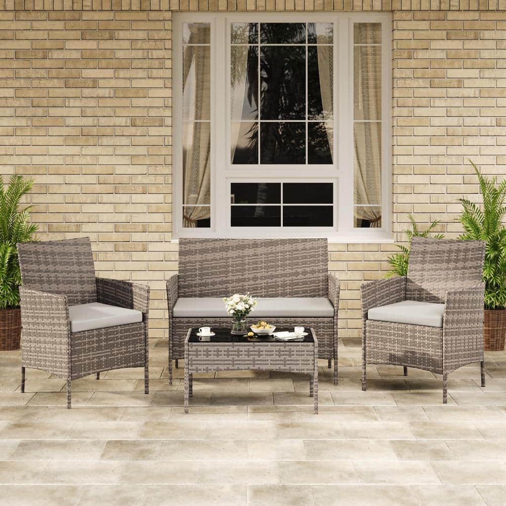 Four-Piece Weather-Resistant Wicker Patio Set, Gray Gradient Rattan and Light Gray Cushions price history on PriceWatchPro