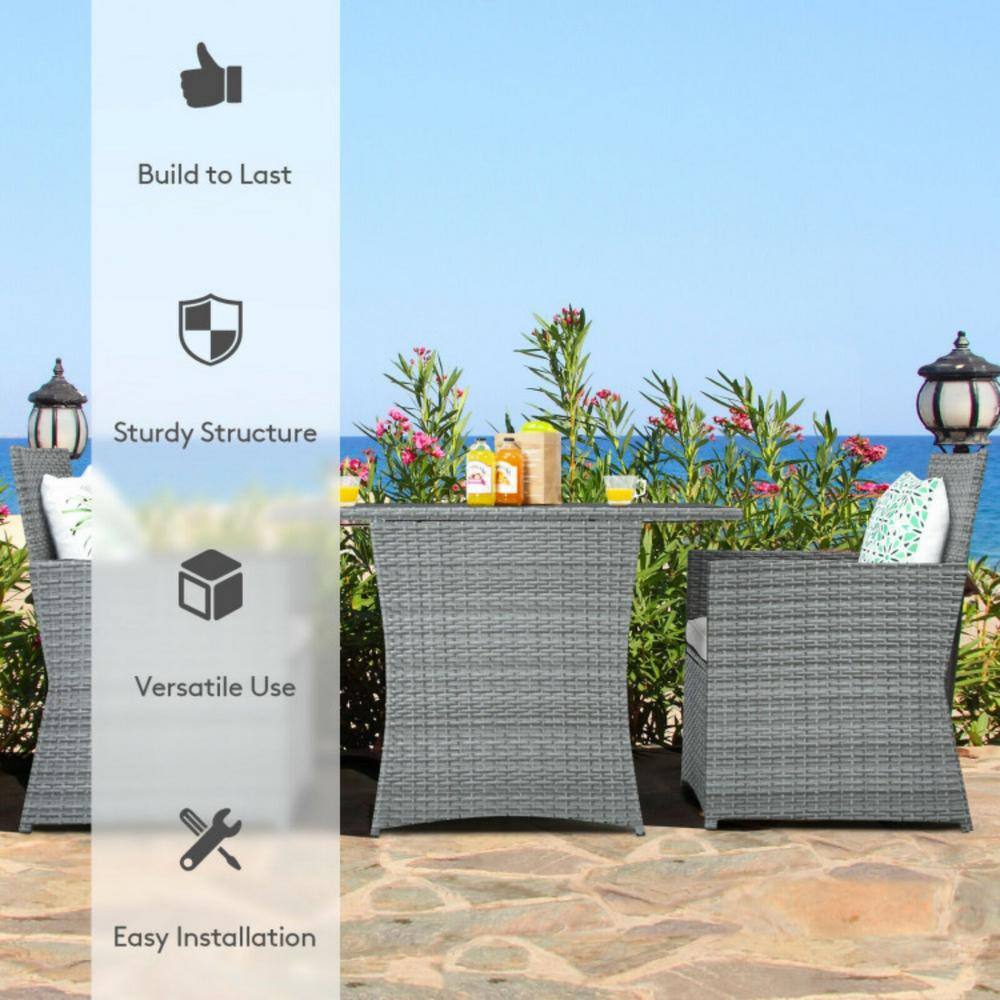 Gray Wicker 3-Piece Patio Set with White Cushions