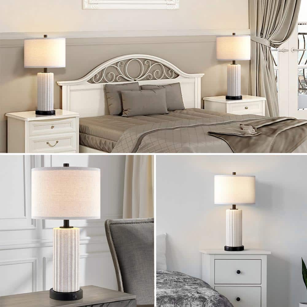 White Ceramic Table Lamp Set with USB Ports and Touch Control