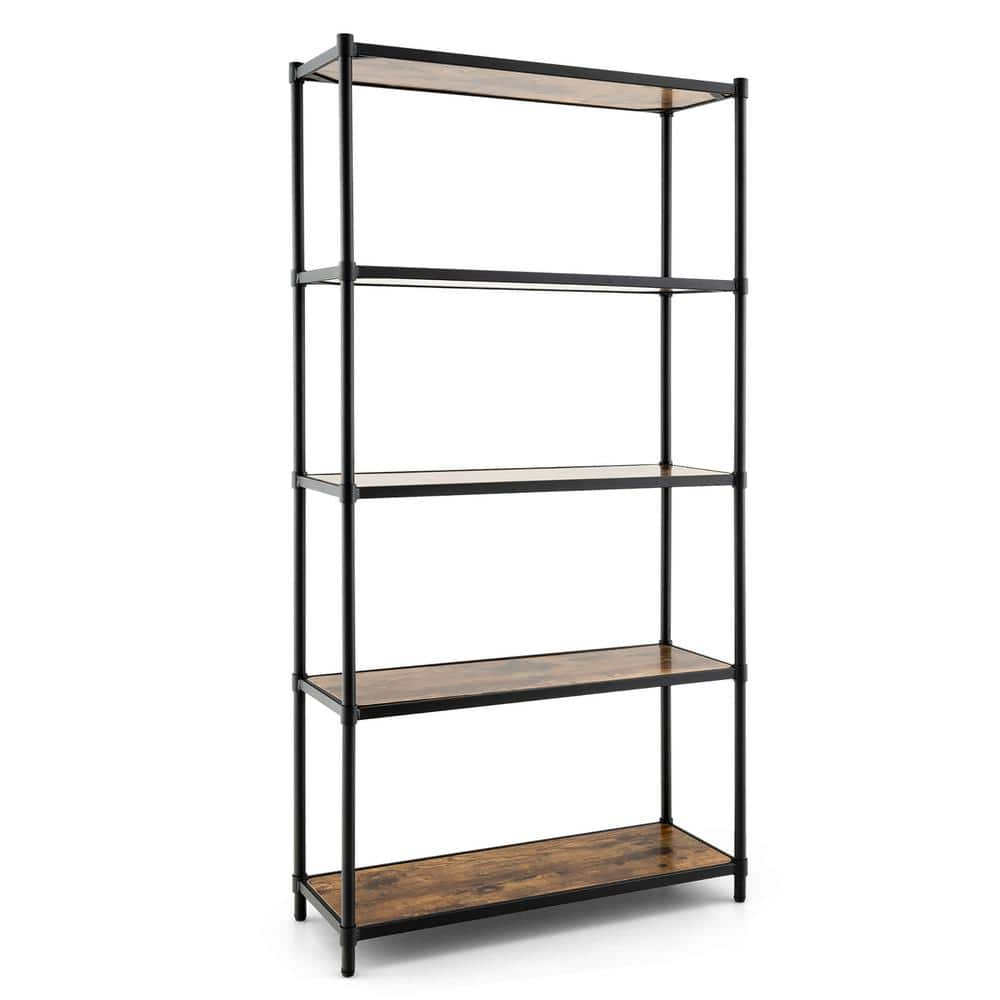 Costway 5-Tier Metal Rustic Brown Frame Bookshelf Multi-Use Storage ...