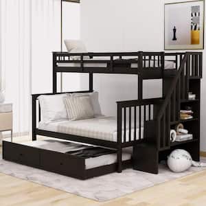 Detachable Style Espresso Twin over Full Wood Bunk Bed with Storage Staircase, Twin Size Trundle, Shelves