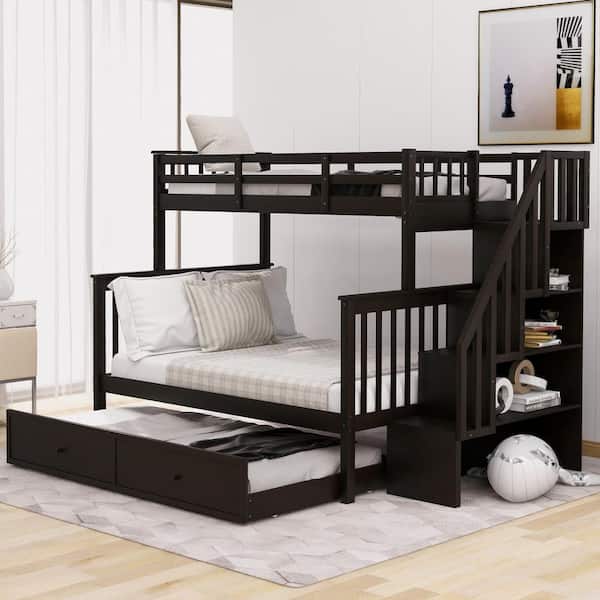 Harper & Bright Designs Detachable Style Espresso Twin over Full Wood Bunk Bed with Storage Staircase, Twin Size Trundle, Shelves