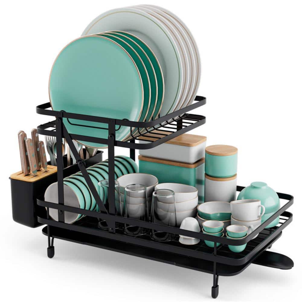 Aoibox 2-Tier Dish Rack Set Anti-rust Dish Drainer Shelf Tableware Holder Cup Holder for Kitchen Counter Storage