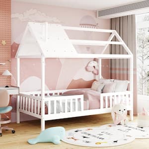 URTR White Twin Size House Bed Frame, Twin Floor Bed Montessori