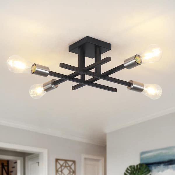 ZJVAIVE 18.11 in. 4-Light Modern Black and Nickel Semi- Flush Mount for Corridor Bedroom with No Bulbs Included