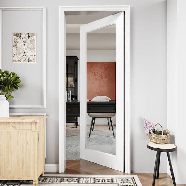 32 in. x 80 in. Solid Core 1-Lite Tempered Clear Glass White Primed MDF Interior Door Slab