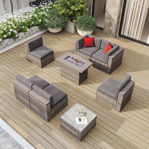 8-Piece Wicker Patio Set Conversation Set with 44 in. Fire Pit Coffee Table, Grey Cushion
