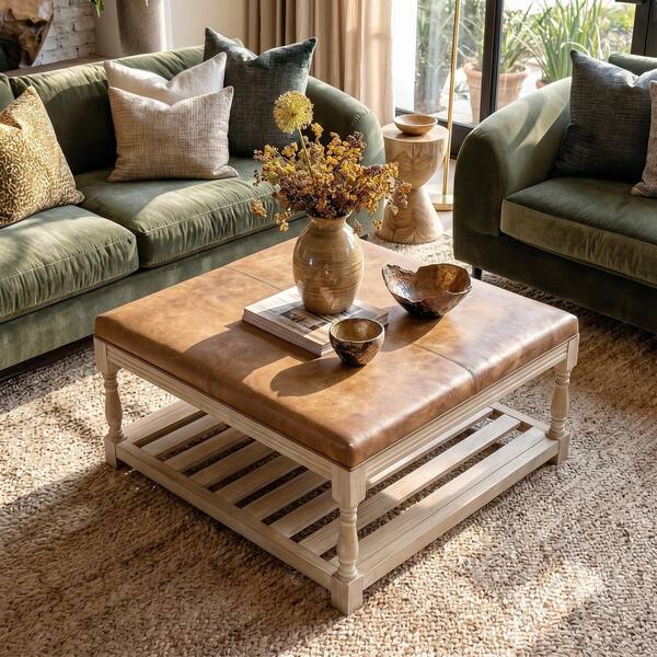 Homsee 31.5 in. Natural Wood Brown Square Leather Top Coffee Table