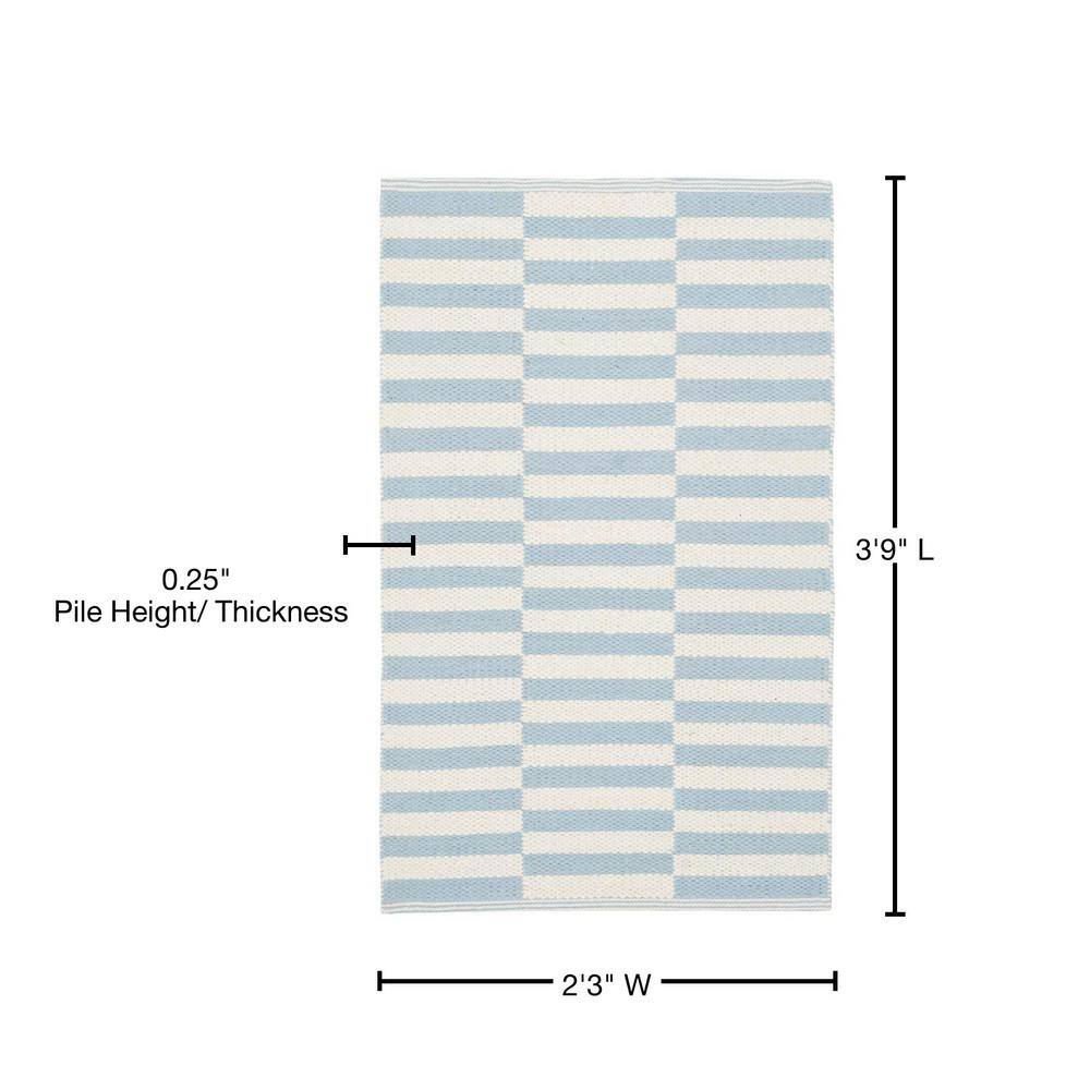 Ivory and Light Blue Striped Cotton Flat Woven Rug